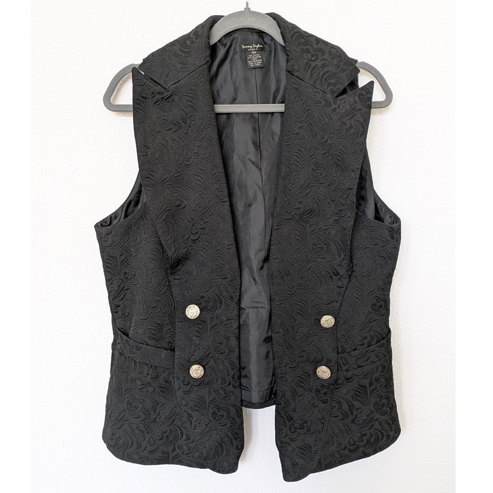 Vtg Sunny Taylor Woman Jacquard Vest Sz 16W Black Peplum Floral Double Breasted